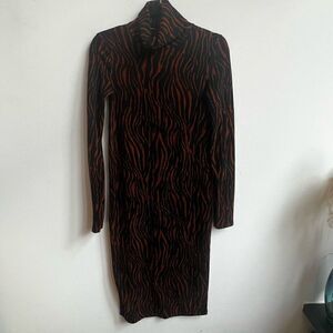 Zara Women's Turtle Neck Long Sleeve Textured Animal Print Body Con Midi Dress B